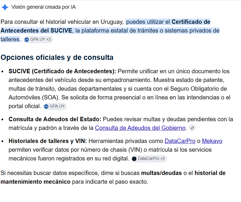 Captura real de un resumen generado por IA de Google que menciona a DataCarPro junto al SUCIVE al responder cómo consultar el historial vehicular en Uruguay